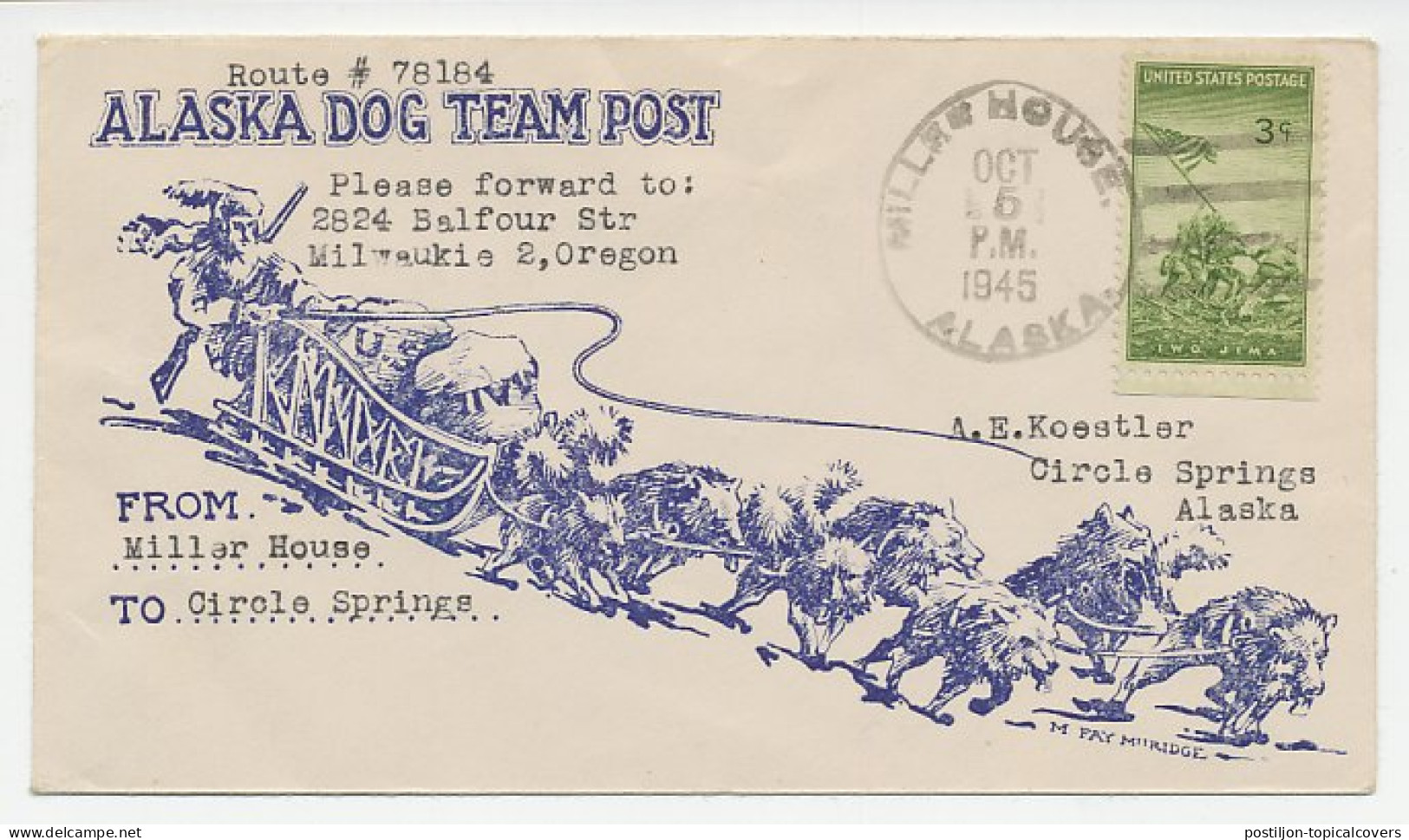 Cover / Postmark USA 1945 Alaska Dog Team Post - Miller House - Expediciones árticas