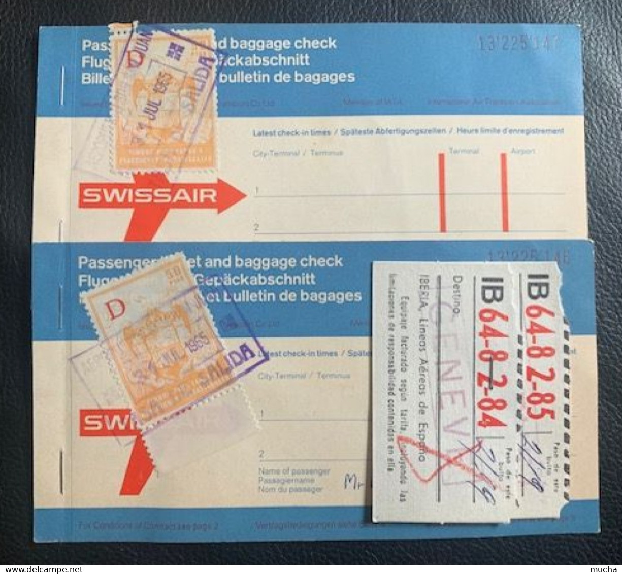 20344 -  Swissair - Iberia Tickets Genève Palma 17.07.1965Timbres Taxes + Sachet Avec Sucres, Sel Et Poivre !!! - Altri & Non Classificati