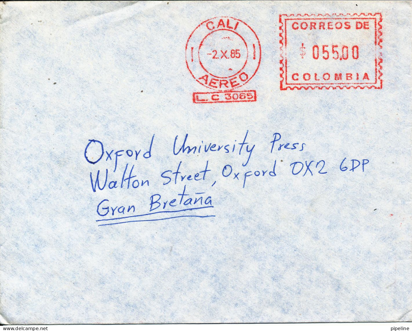 Colombia Air Mail Cover Sent Express To England With Meter Cancel CALI 2-10-1985 - Colombia