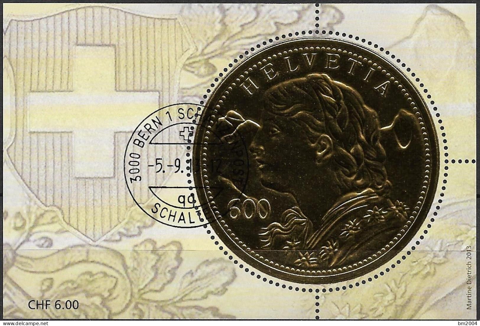 2013 Schweiz   Mi. Bl. 53 FD-used  20-Franken-Goldmünze (Vorderseite), Genannt Das Goldvreneli - Gebraucht