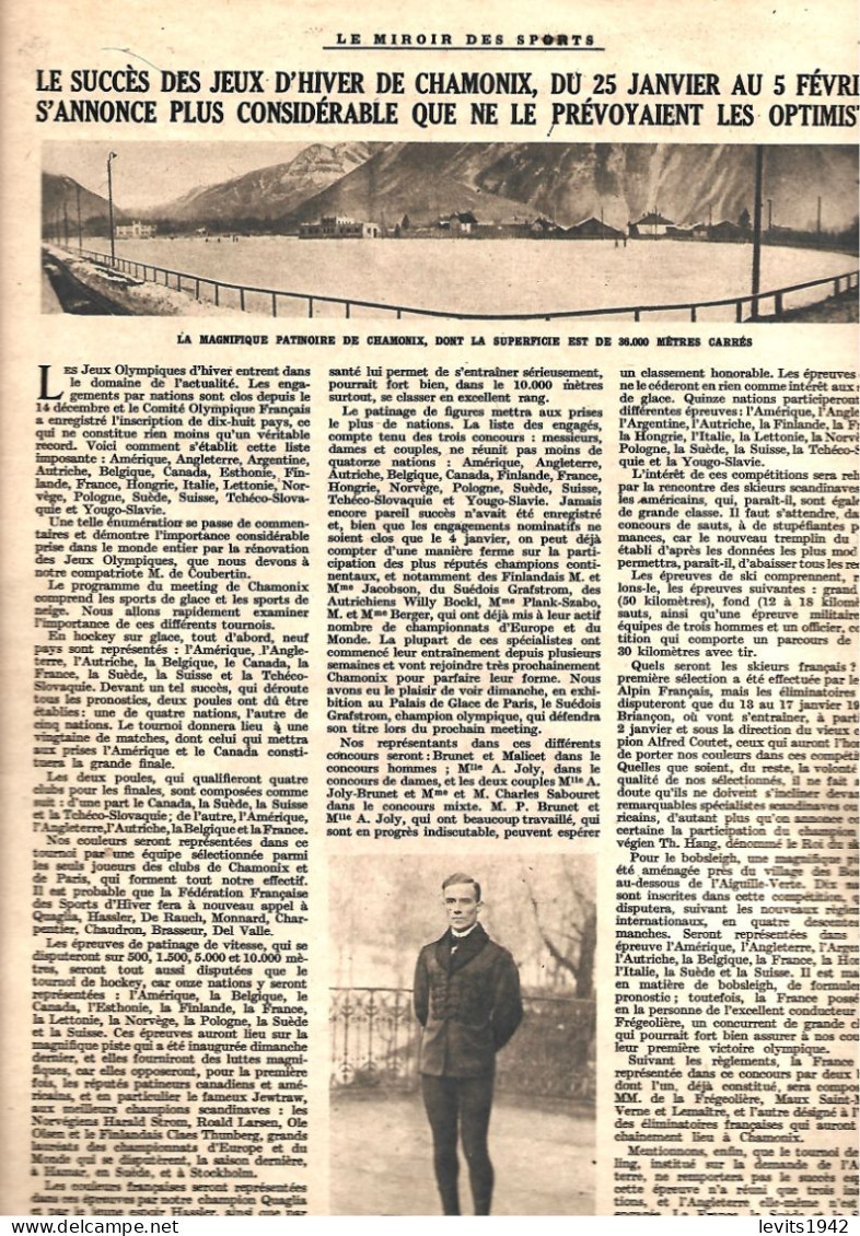 JEUX OLYMPIQUES 1924  - CHAMONIX - REVUE MIROIR DES SPORTS - 27-12-1923 - - Andere & Zonder Classificatie