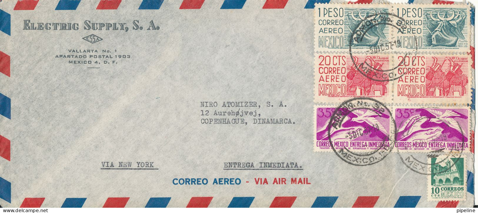 Mexico Air Mail Cover Sent To Denmark 5-12-1957 With A Lot Of Stamps The Cover Is A Little Damaged Upon The Stamps - Messico