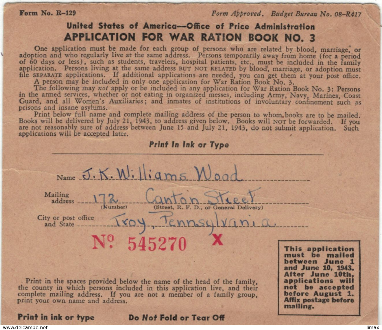 Troy 1943 - Win The War - Application For War Ration Book - Storia Postale
