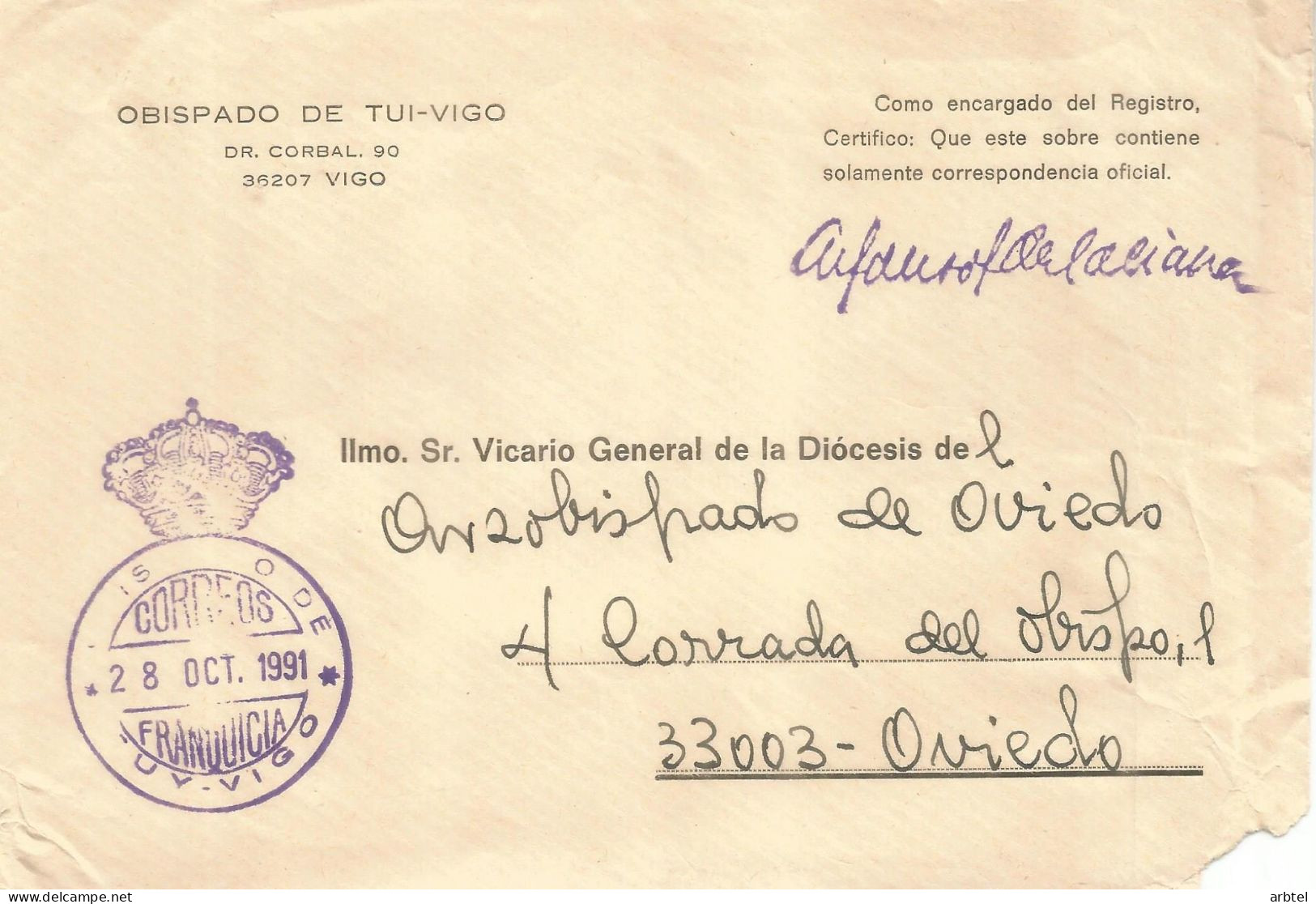 CC CON FRANQUICIA DE LA IGLESIA OBISPADO DE TUI VIGO PONTEVEDRA - Postage Free