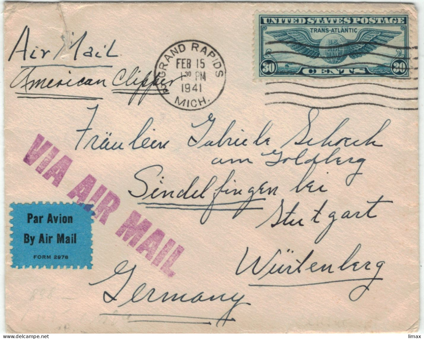 Grand Rapids Michigan 1941 > Sindelfingen - US Mail Trans-atlantic - Zensur OKW  Banderole - Storia Postale