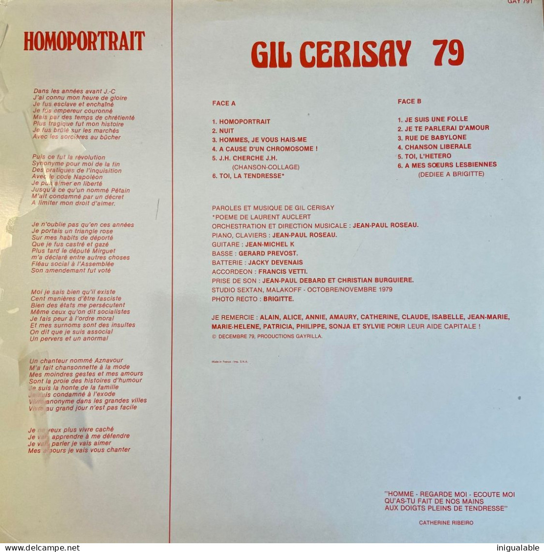 Homoportrait Gil Cerisay - Album LP 1979 Productions Gayrilla – GAY 791  Pochette Rouge - Other - French Music