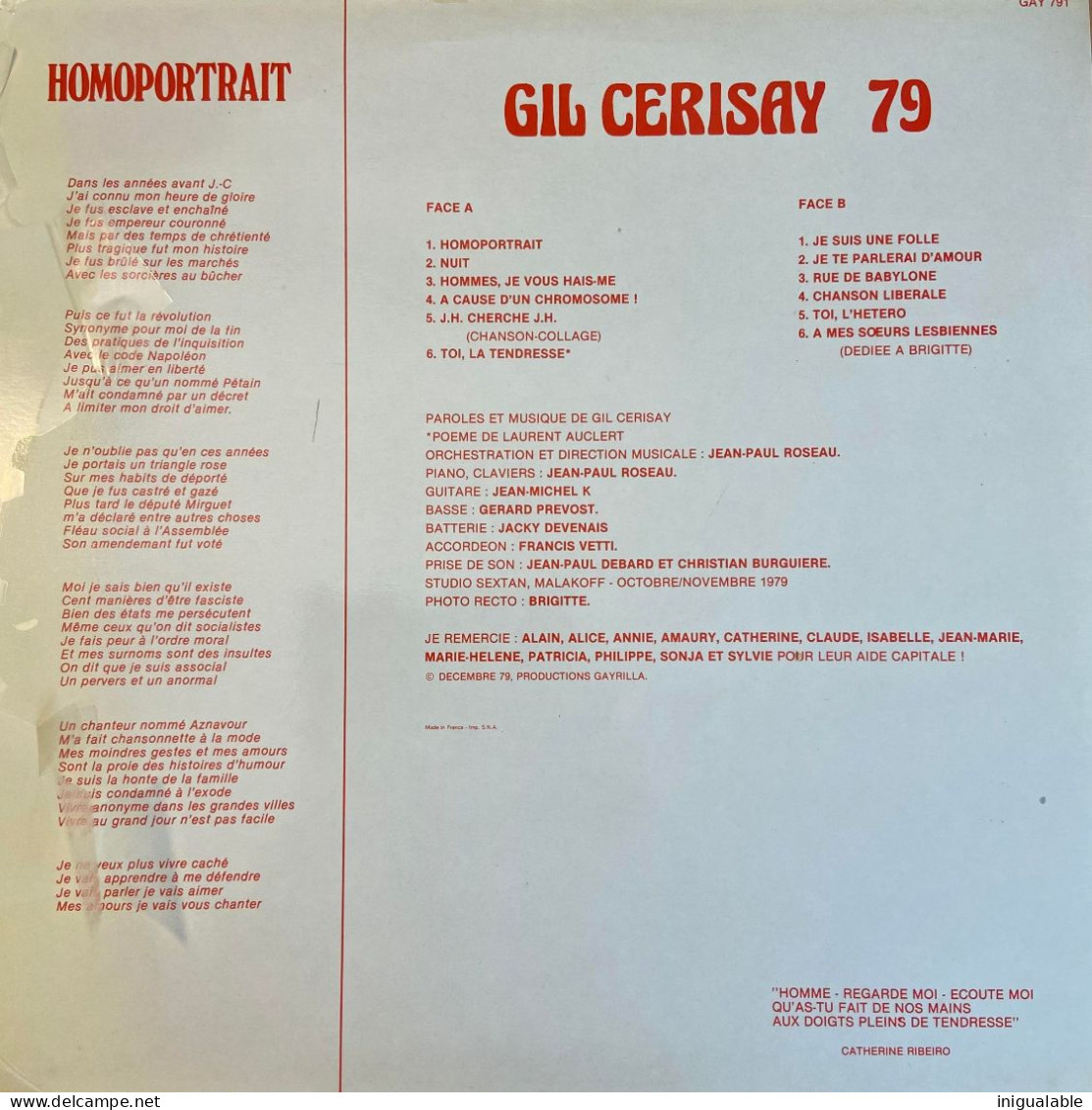 Homoportrait Gil Cerisay - Album LP 1979 Productions Gayrilla – GAY 791  Pochette Rouge - Otros - Canción Francesa