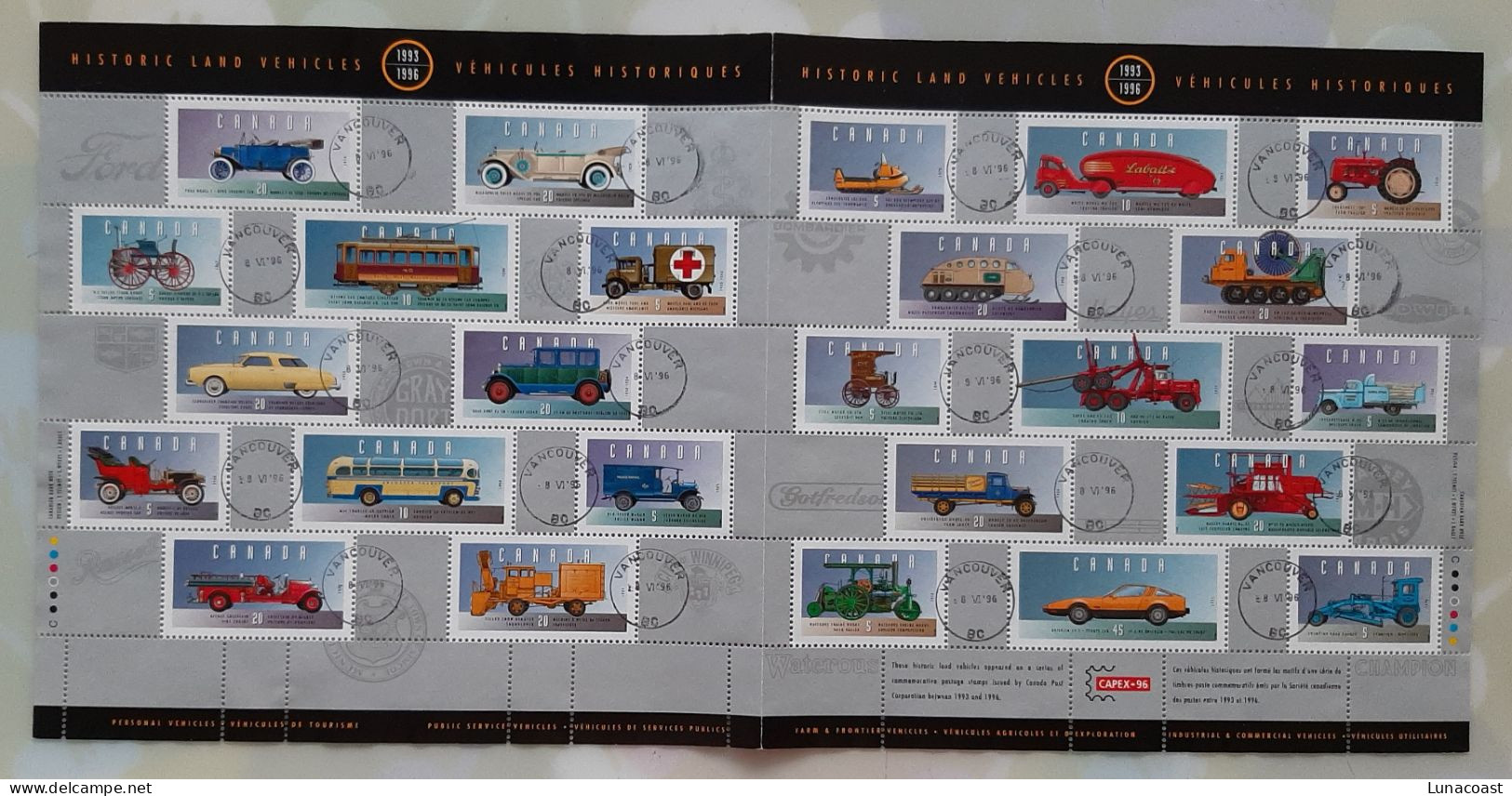 Canada 1996 USED Sc.#1605  3.35$ Pane Of 25 Stamps, Historic Vehicles - Oblitérés