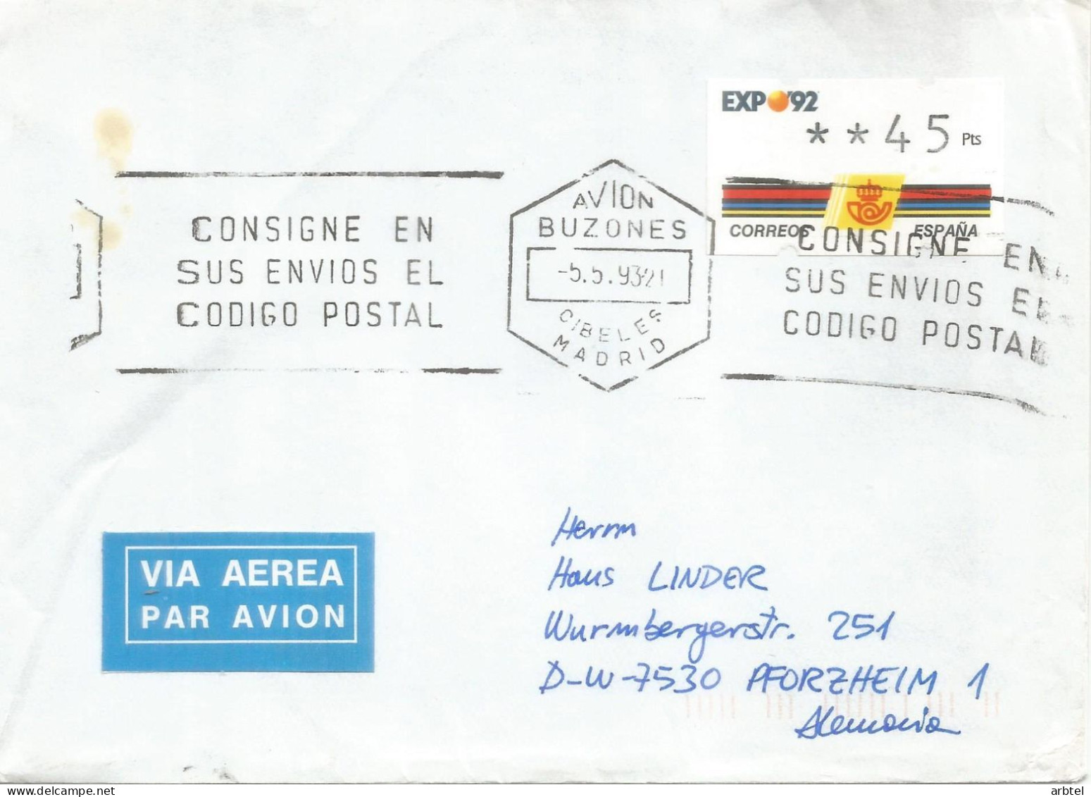 ESPAÑA ATM KLUSSENDORF EXPO 92 4 DIGITOS MAT AVION BUZONES CIBELES MADRID - Cartas & Documentos