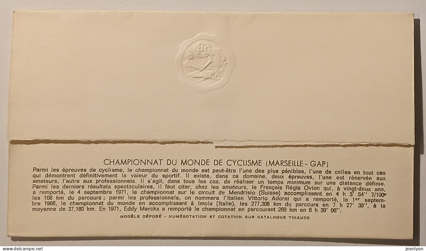 CYCLISME - Coureurs Vélo / Championnat Monde - MARSEILLE GAP - Document Philatélique Format Enveloppe Timbre Et Cachet - Ciclismo