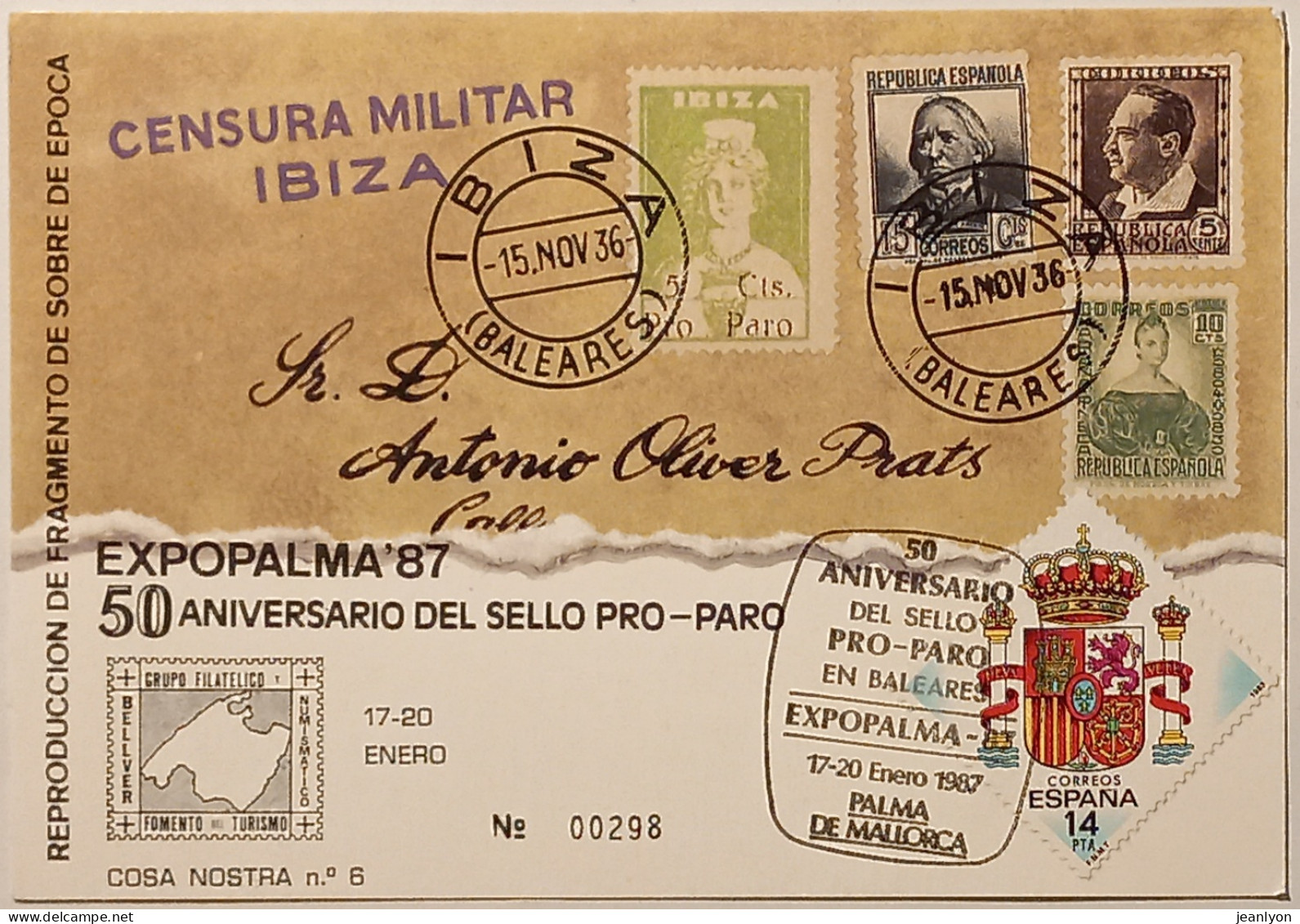 TIMBRES IBIZA / ESPAGNE - Censure Militaire 1936 - Carte Philatélique Exposition EXPOPALMA En 1987 Avec Cachet PALMA - Stamps (pictures)