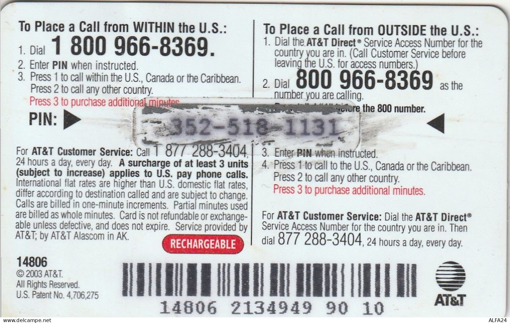 PREPAID PHONE CARD USA AT-T (CZ95 - AT&T