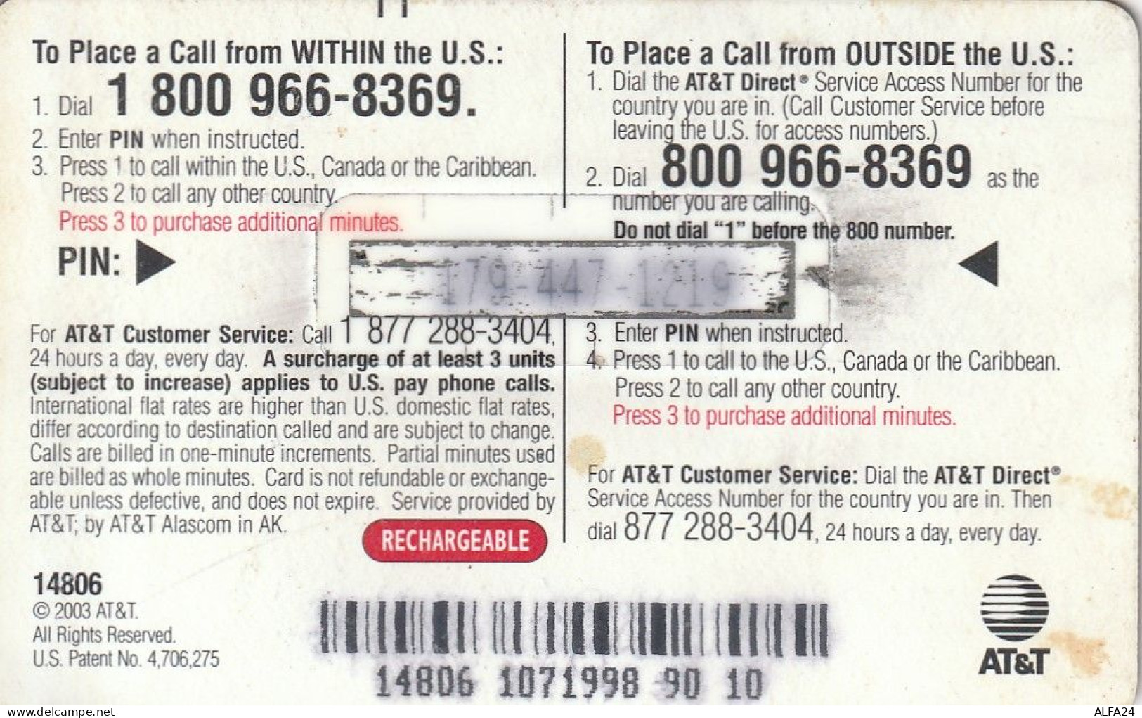 PREPAID PHONE CARD USA AT-T (CZ93 - AT&T