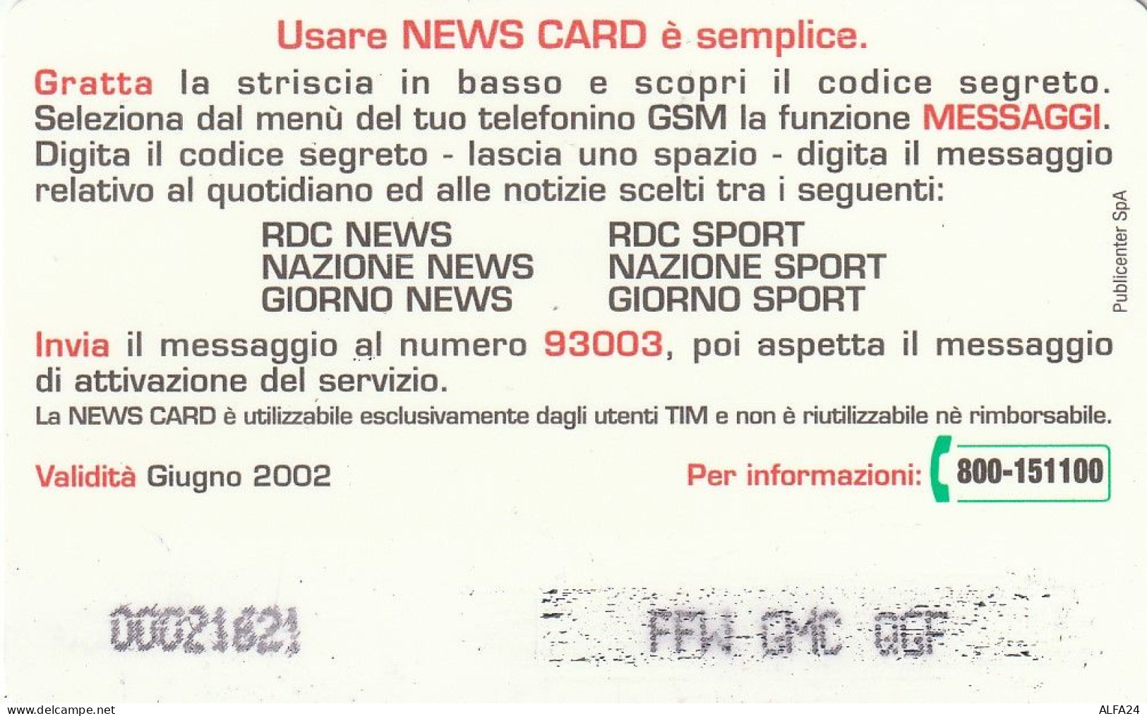 CARTA SERVIZI TIM NEWS CARD  (CZ40 - Schede GSM, Prepagate & Ricariche