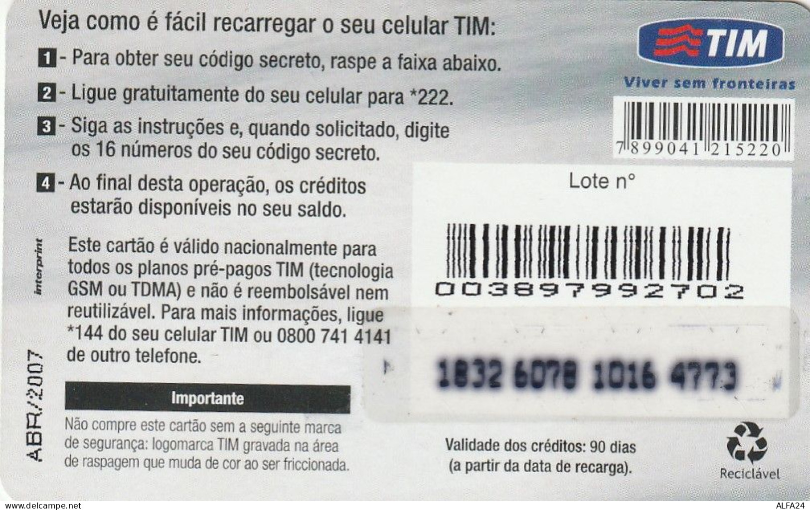 PREPAID PHONE CARD BRASILE TIM (CZ32 - Brasil