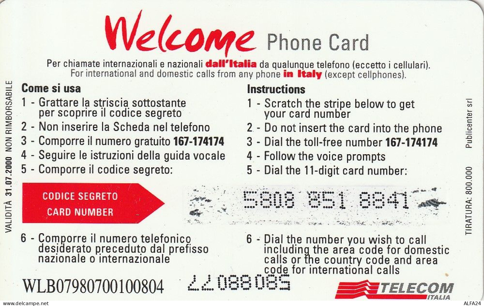PREPAID PHONE CARD ITALIA WELCOME (CZ21 - Cartes GSM Prépayées & Recharges