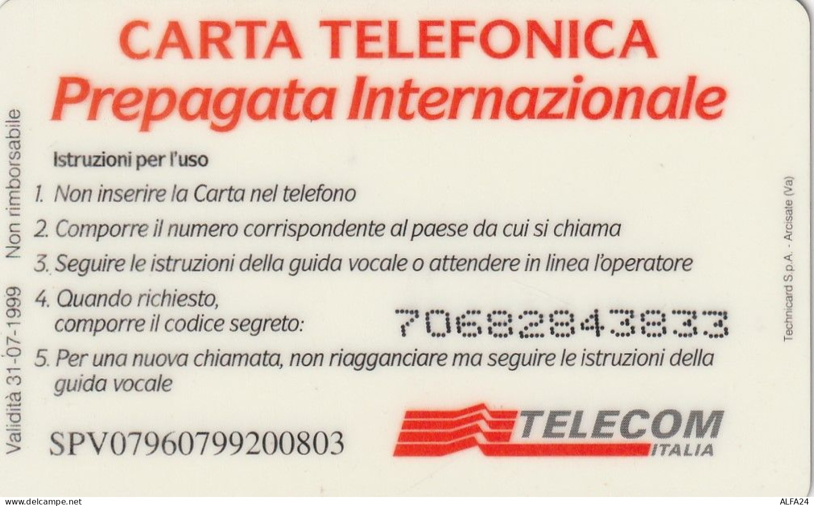 PREPAID PHONE CARD ITALIA TELECOM INTERNAZIONALE SPV (CZ14 - Cartes GSM Prépayées & Recharges