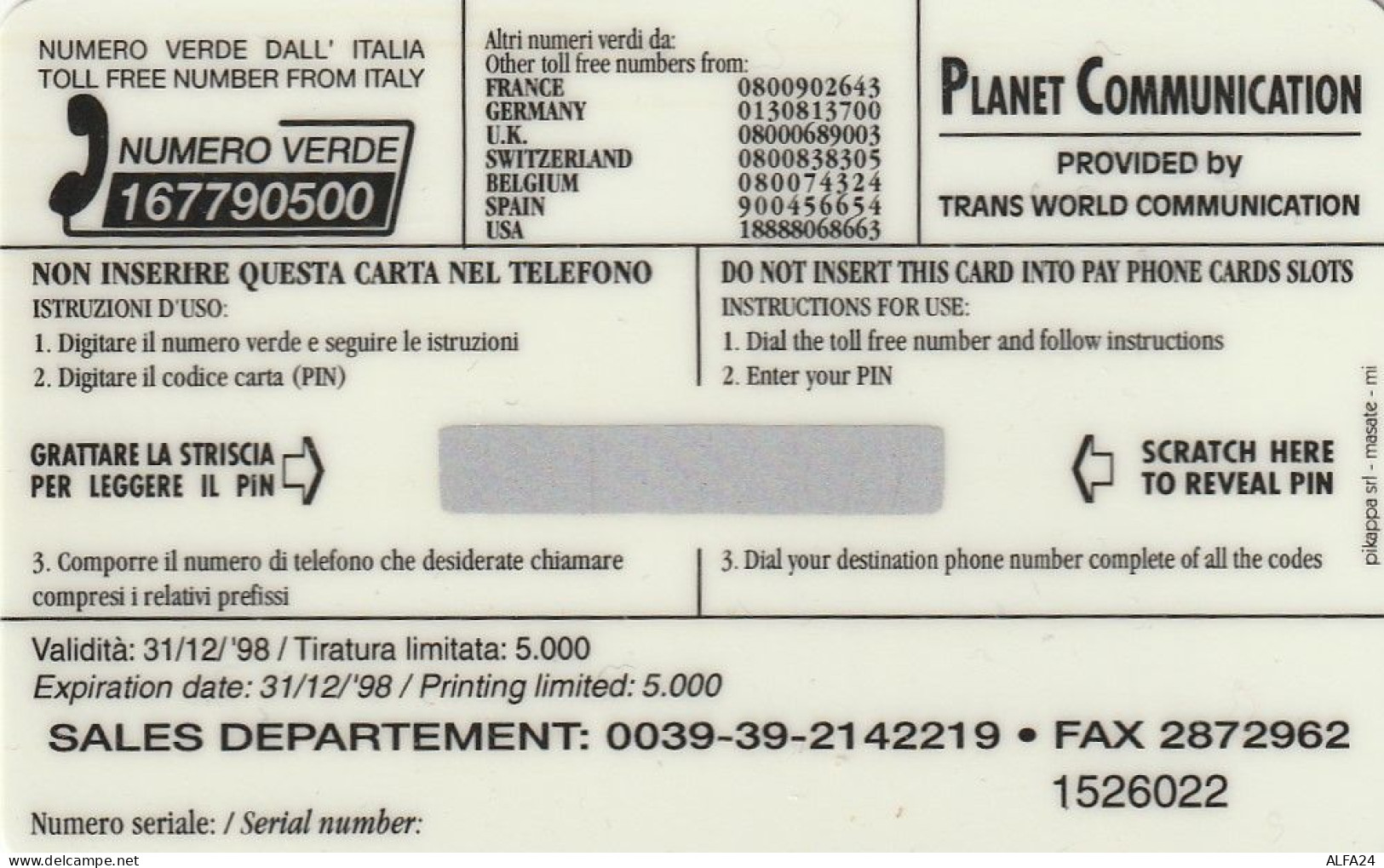 PREPAID PHONE CARD ITALIA PLANET (CZ8 - Cartes GSM Prépayées & Recharges