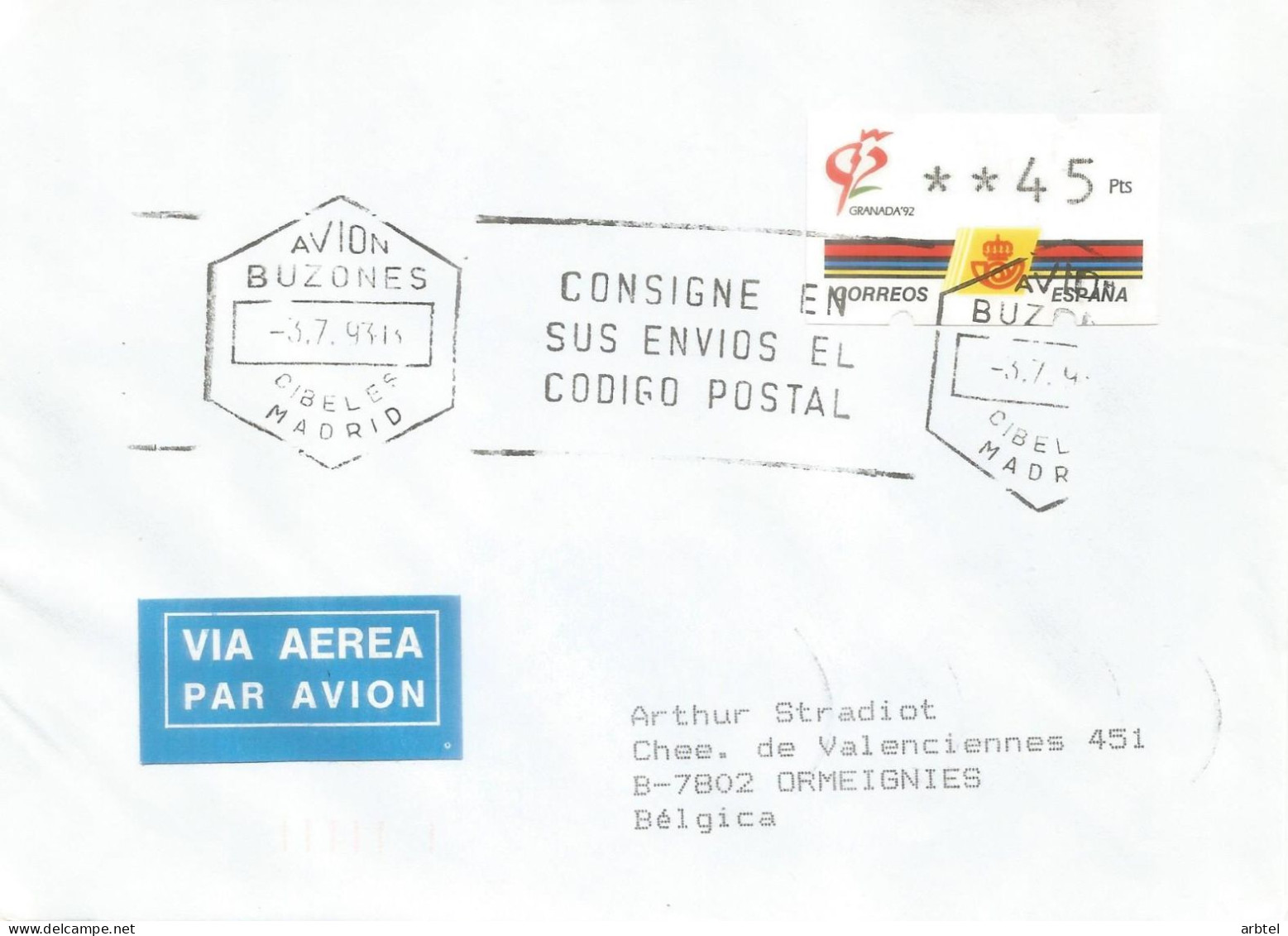 ESPAÑA ATM KLUSSENDORF GRANADA 92 4 DIGITOS 45 PTS CON MAT AVION BUZONES CIBELES MADRID - Storia Postale