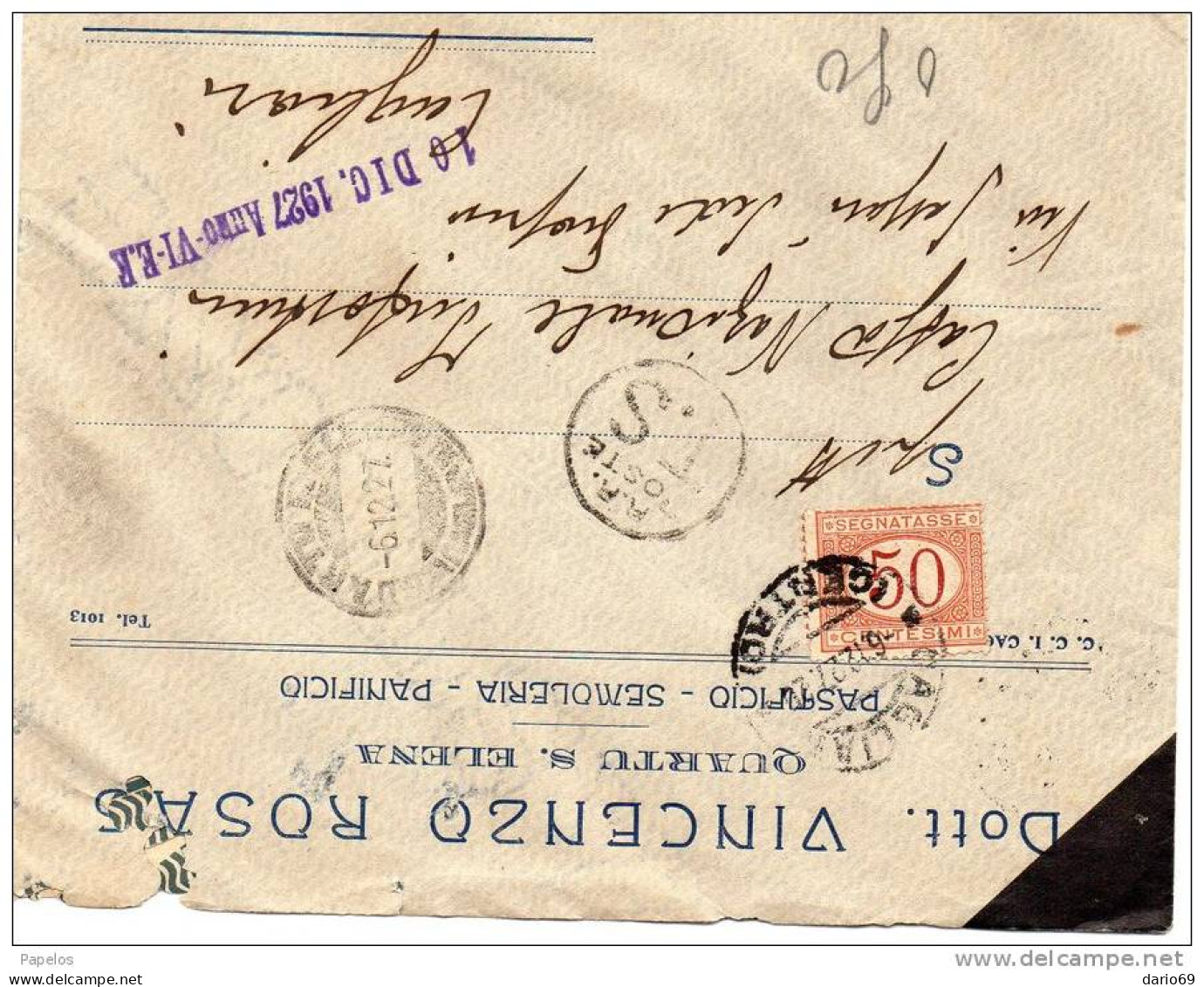 1927   LETTERA  CON ANNULLO QUARTU S- ELENA  CAGLIARI - Portomarken