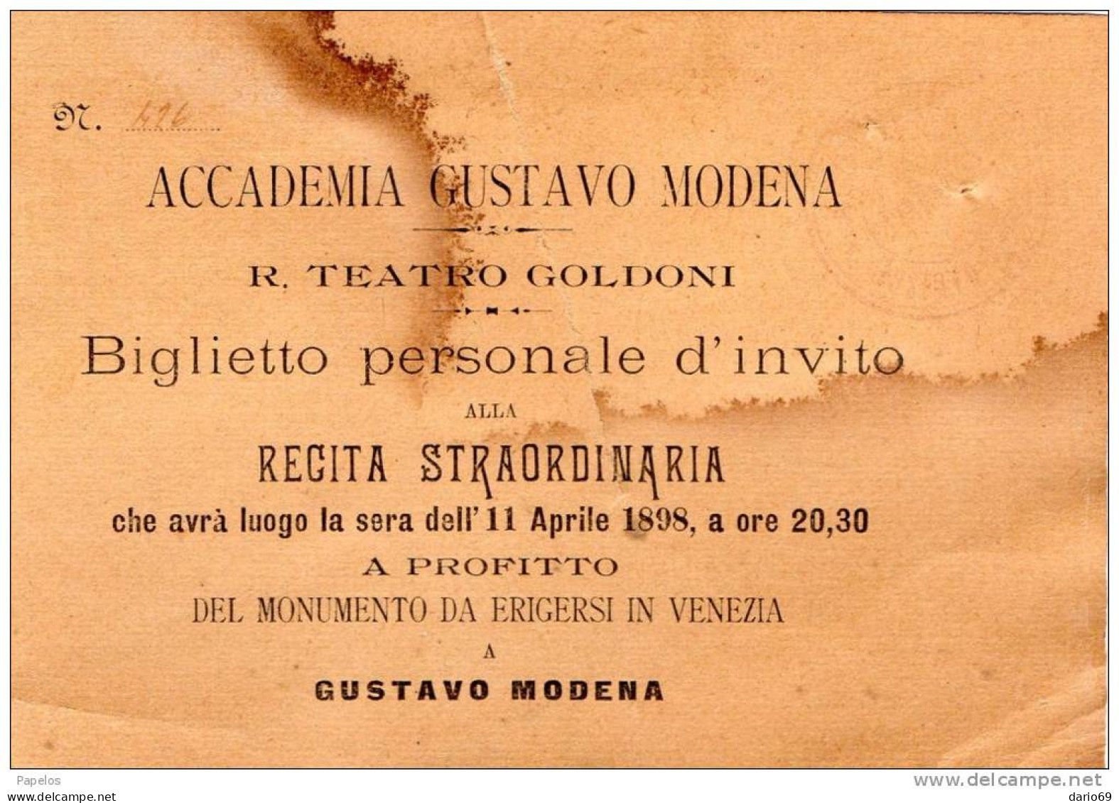 1898 BIGLIETTO D'INGRESSO  ACCADEMIA GUSTAVO MODENA TEATRO GOLDONI - Tickets D'entrée