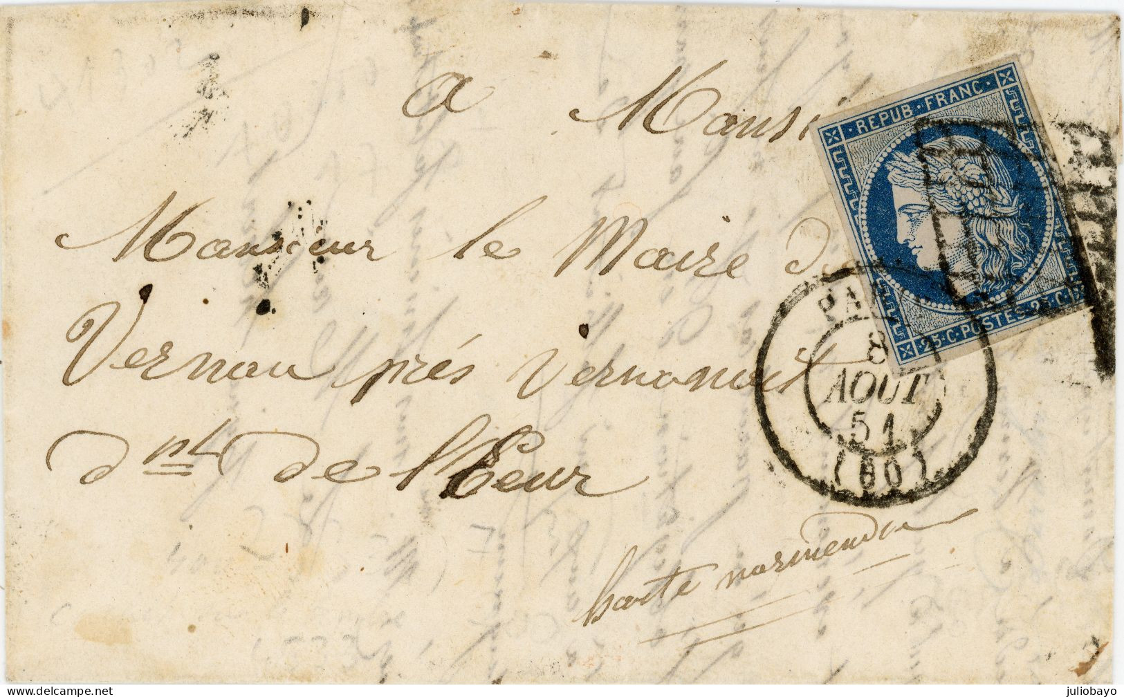 8 Aout 1851 L.A.C. N°4 TTB Grille De Paris Et CAD T15 Sur Le Timbre,correspondance Pour Le Maire De Vernon EURE - 1849-1876: Klassik