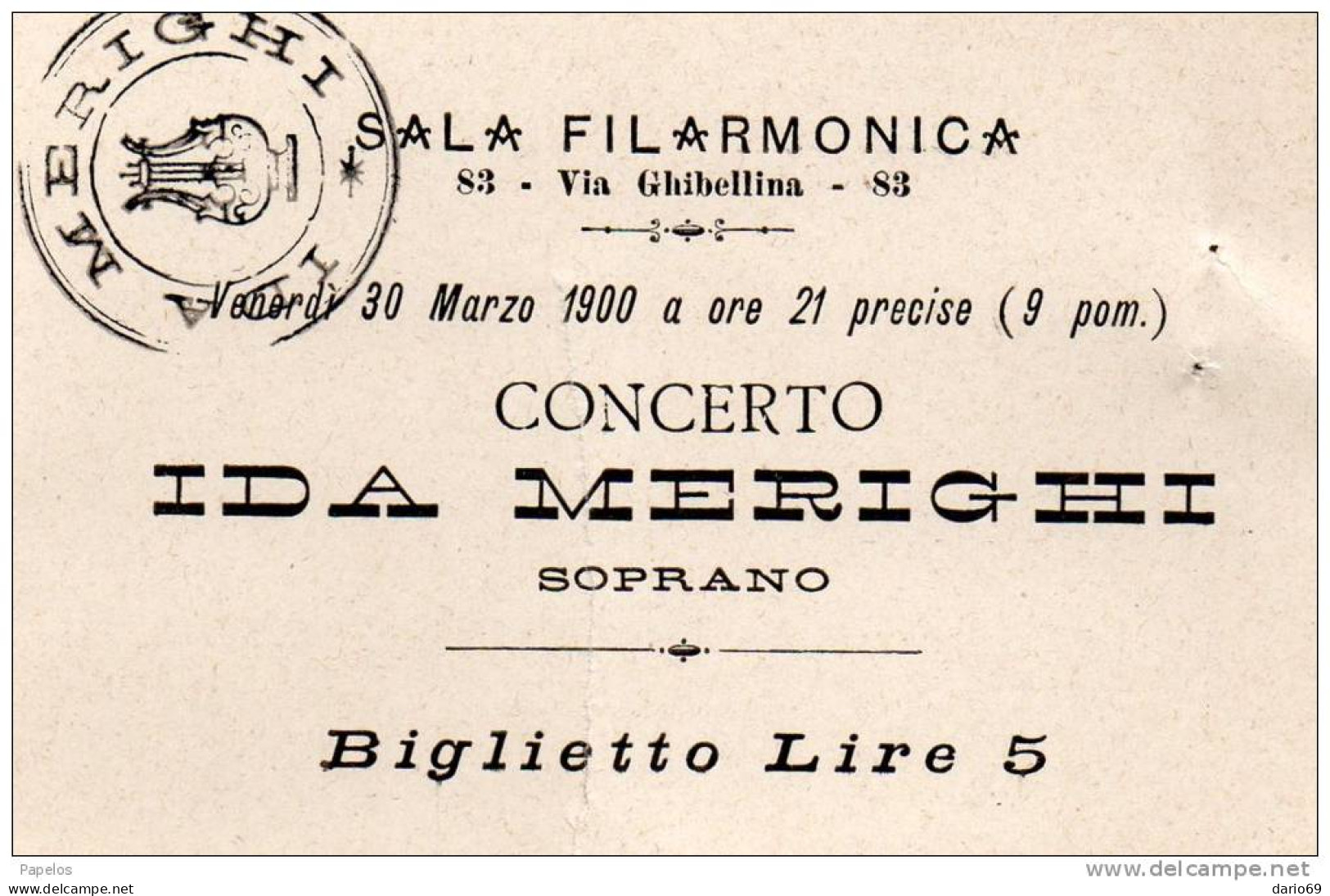 1900 BIGLIETTO D'INGRESSO SALA FILARMONICA  CONCERTO DEL SOPRANO IDA MERINGHI - Tickets D'entrée