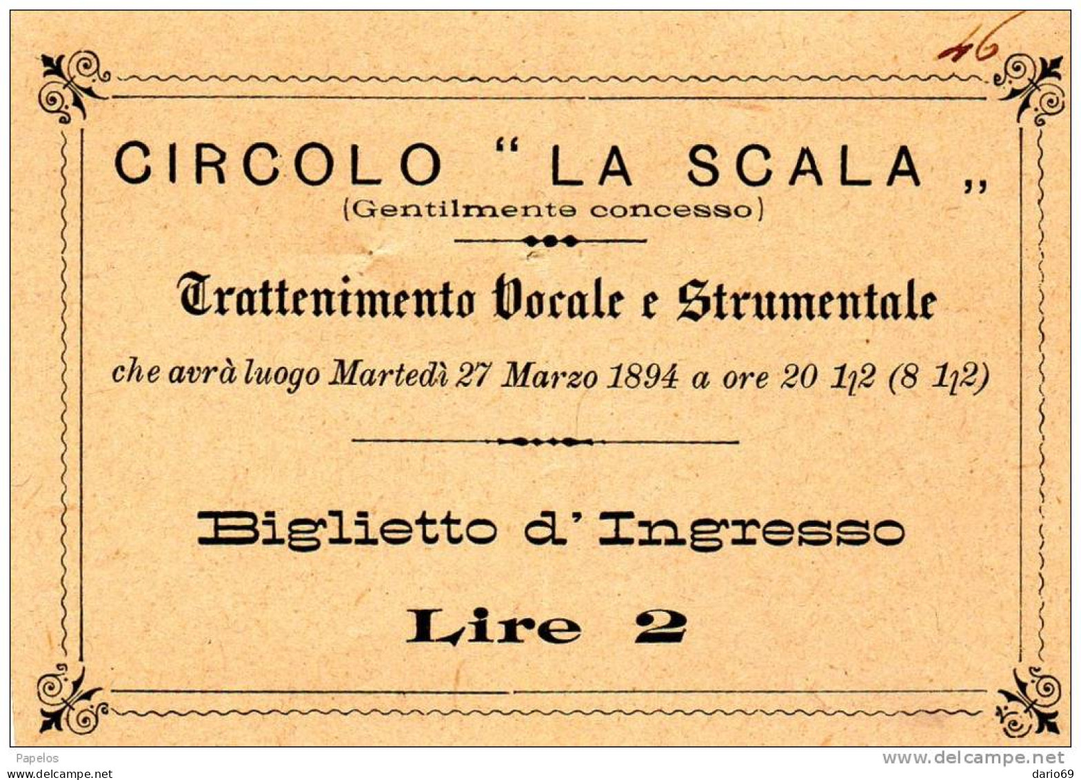 1894  BIGLIETTO D'INGRESSO CIRCOLO LA SCALA - Tickets D'entrée