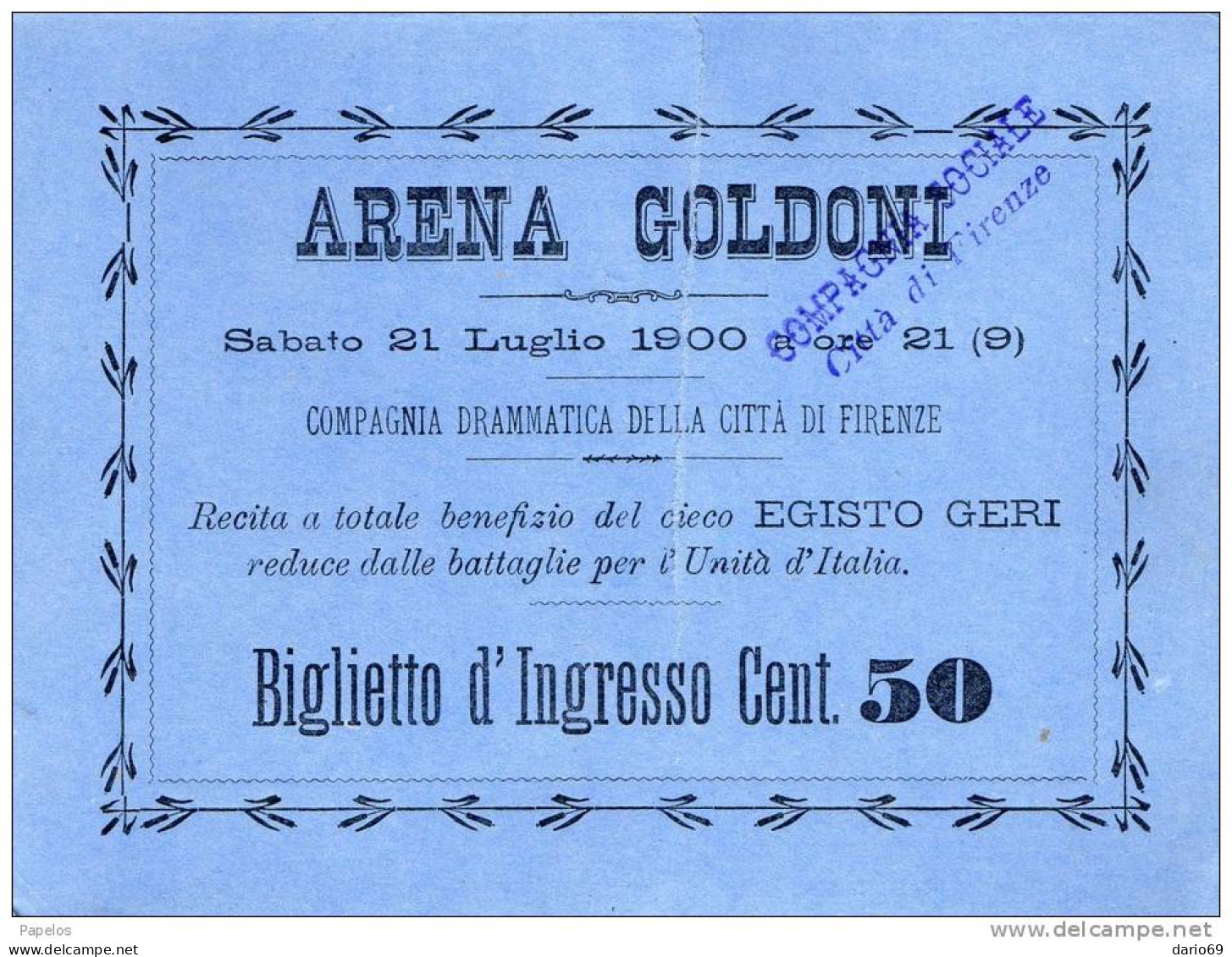 1900  BIGLIETTO D'INGRESSO ARENA GOLDONI FIRENZE - Eintrittskarten