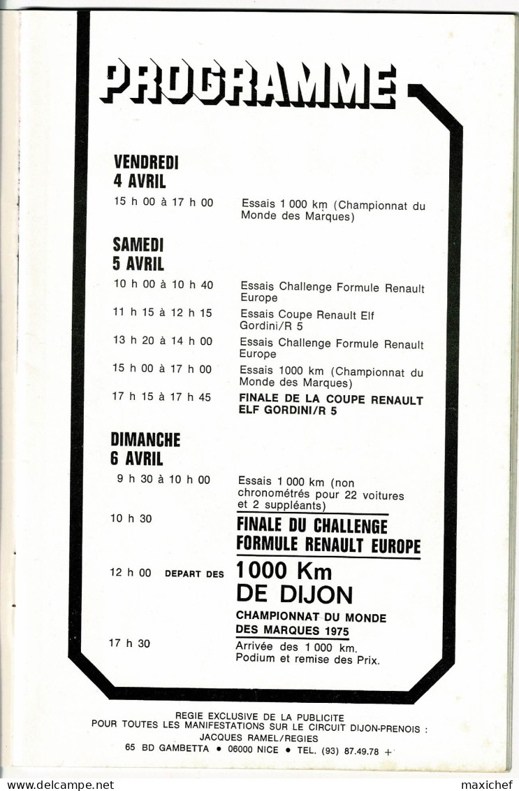 1000 KM Dijon - Championnat Monde Marques, Coupe Renault Elf Gordini, Challenge Formule Renault - 4,5,6 Avril 1975 - Autosport - F1