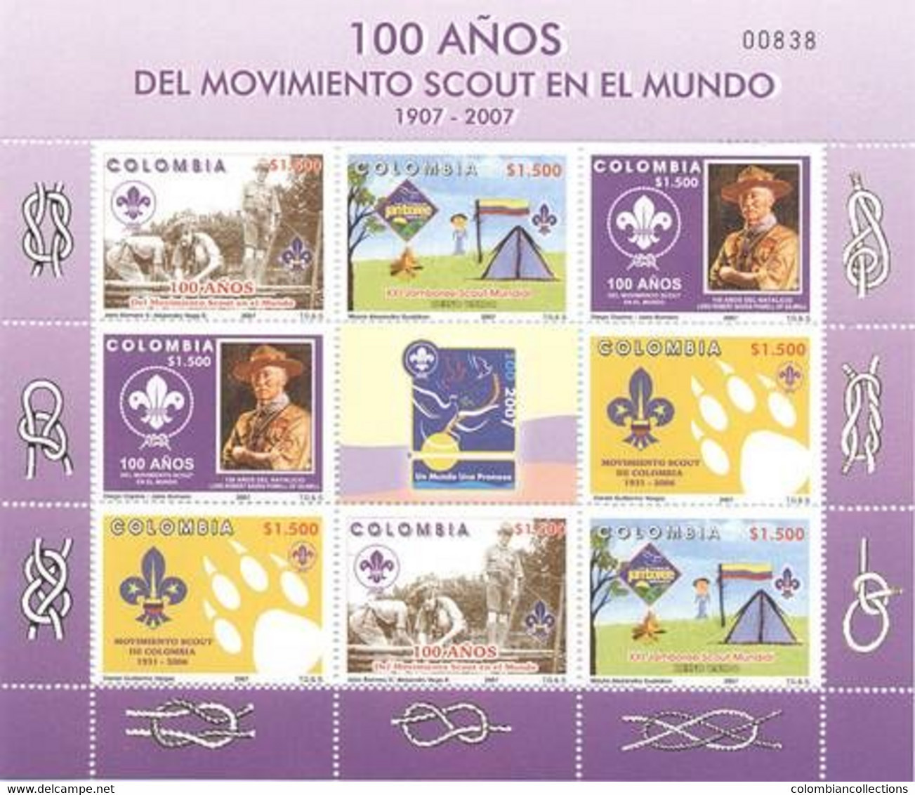 Lote 54b, Colombia, 2007, Pliego, Sheet, 100 Años Scout, 100 Year, Robert Baden Powell - Colombia