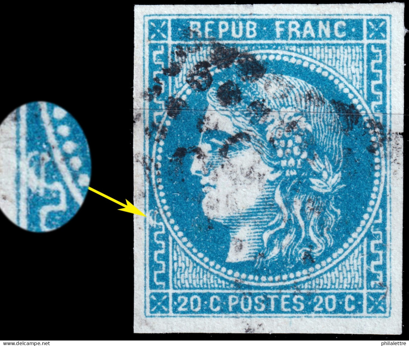 FRANCE - 1870 Yv.46B 20c Bleu Type III Report 2 Type Bordeaux Oblitéré GC720 De Cannes Avec Variété - TB - 1870 Ausgabe Bordeaux