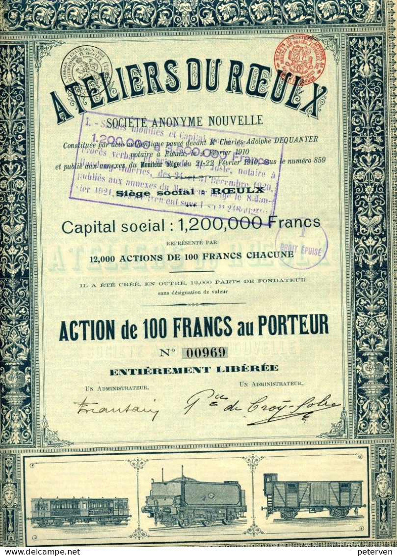 ATELIERS Du ROEULX; Action De 100 Francs - Chemin De Fer & Tramway