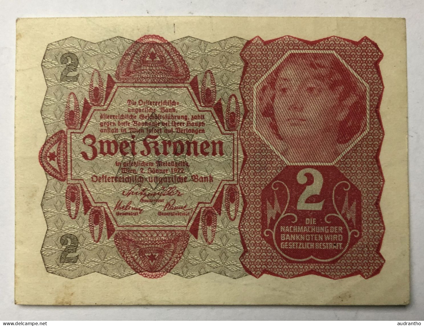 Billet De Collection 2 Kronen 1922 Autriche Avec Dessin Au Dos - Austria