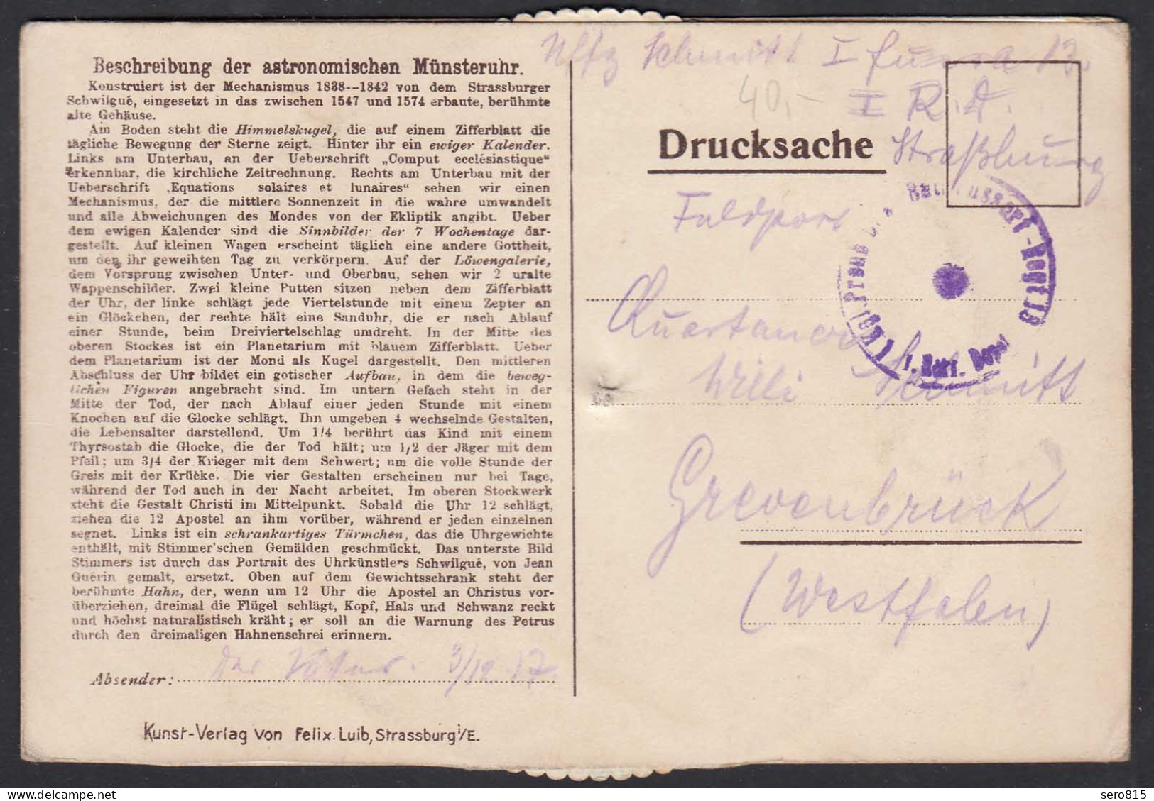 AK Mechanische Karte Astronomische Münster-Uhr Strassburg 1917  (27419 - Elsass