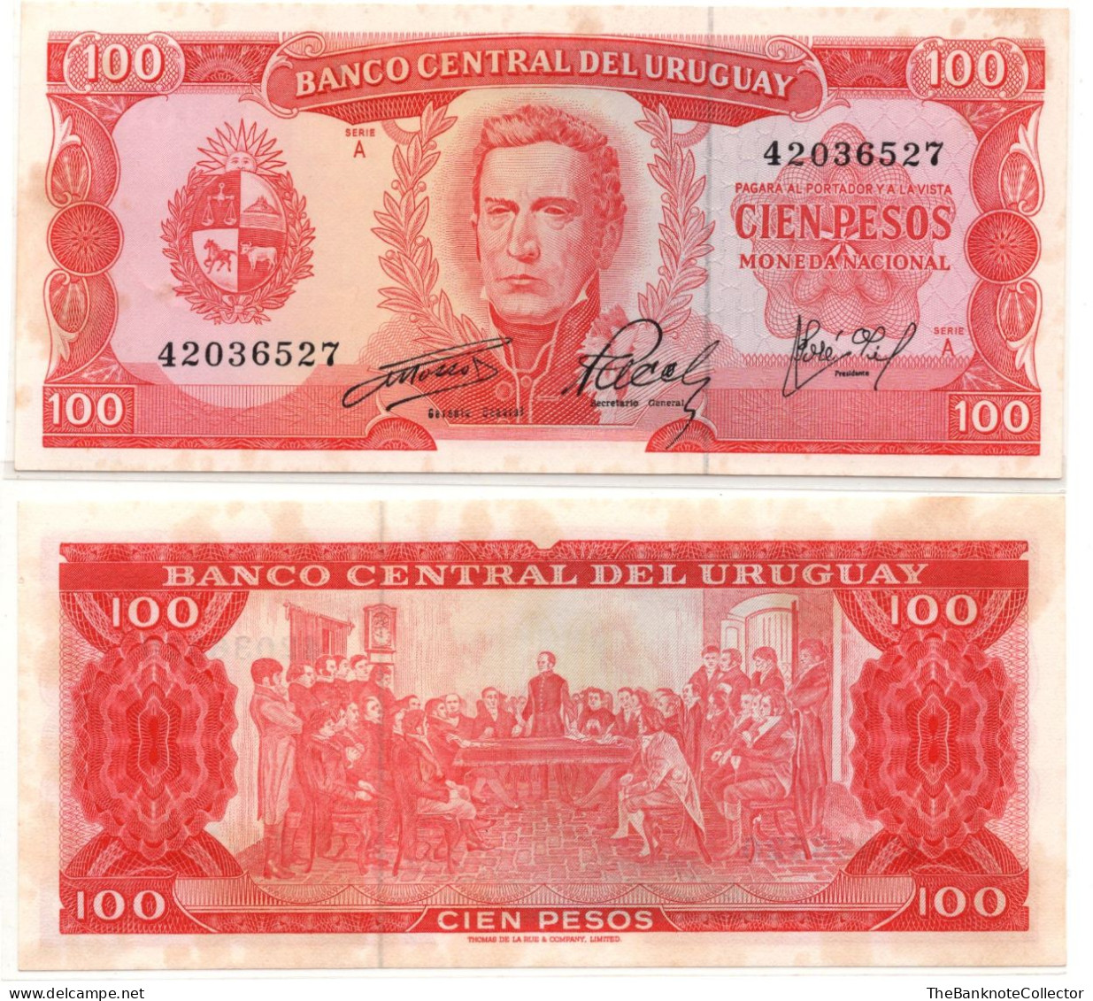 Uruguay 100 Pesos ND 1967 Serie A P-47 UNC Foxing - Uruguay