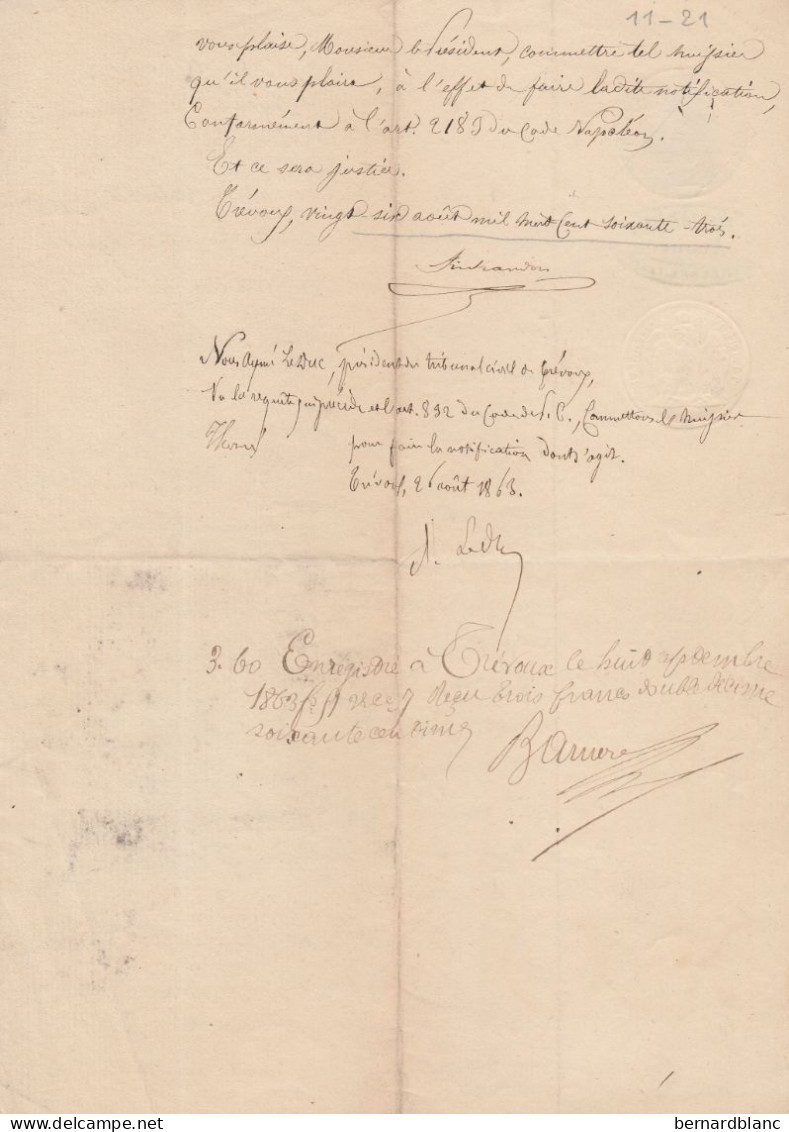 VP 1 FEUILLE - 1863 - TREVOUX - MONTLUEL - LYON - Manuscrits