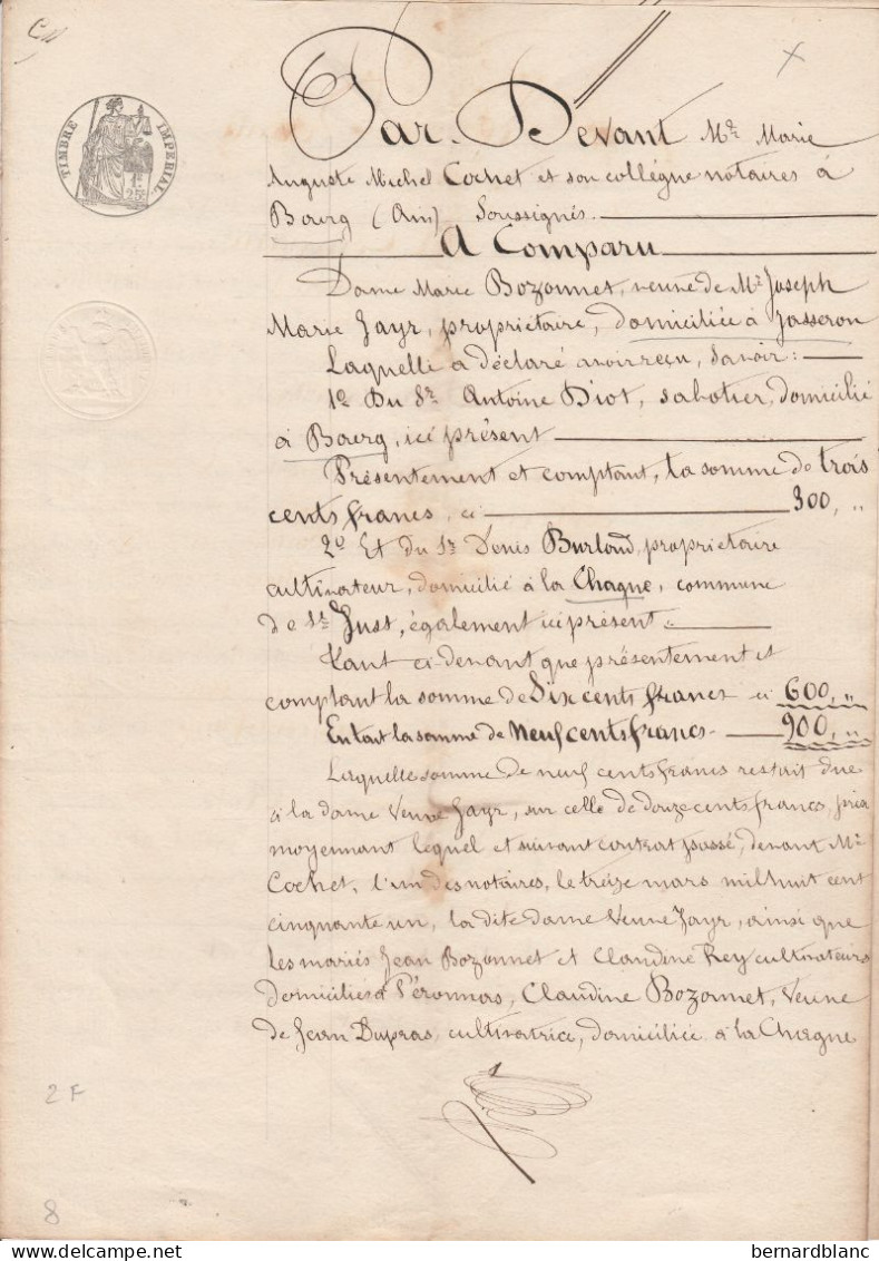 VP 2 FEUILLES - 1856 - BOURG - JASSERON  - ST JUST A LA CHAGNE - PERONNAS - Manuscripts