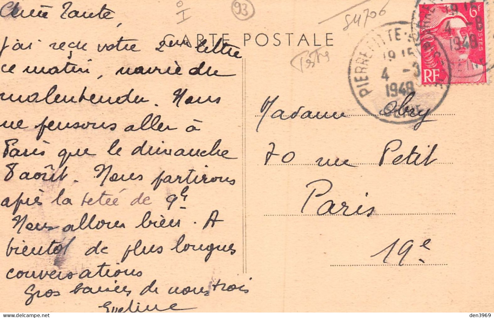 PIERREFITTE (Seine-Saint-Denis) - La Poste - Policier - Voyagé 1948 (2 Scans) Abry, 70 Rue Petit à Paris 19e - Pierrefitte Sur Seine