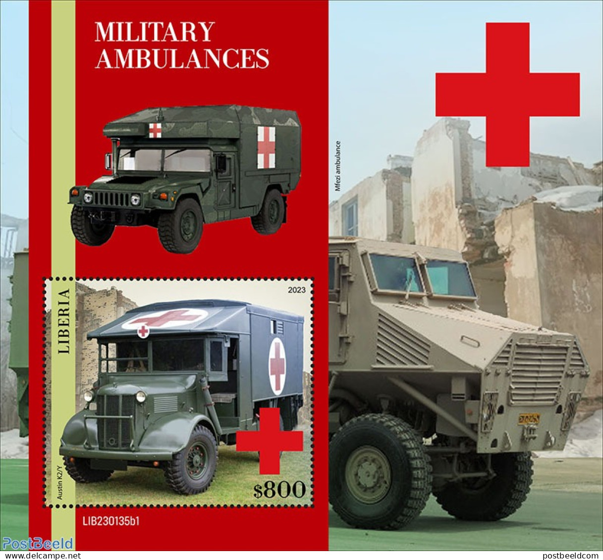 Liberia 2023 Military Ambulances, Mint NH, Health - History - Transport - Red Cross - Militarism - Automobiles - Red Cross