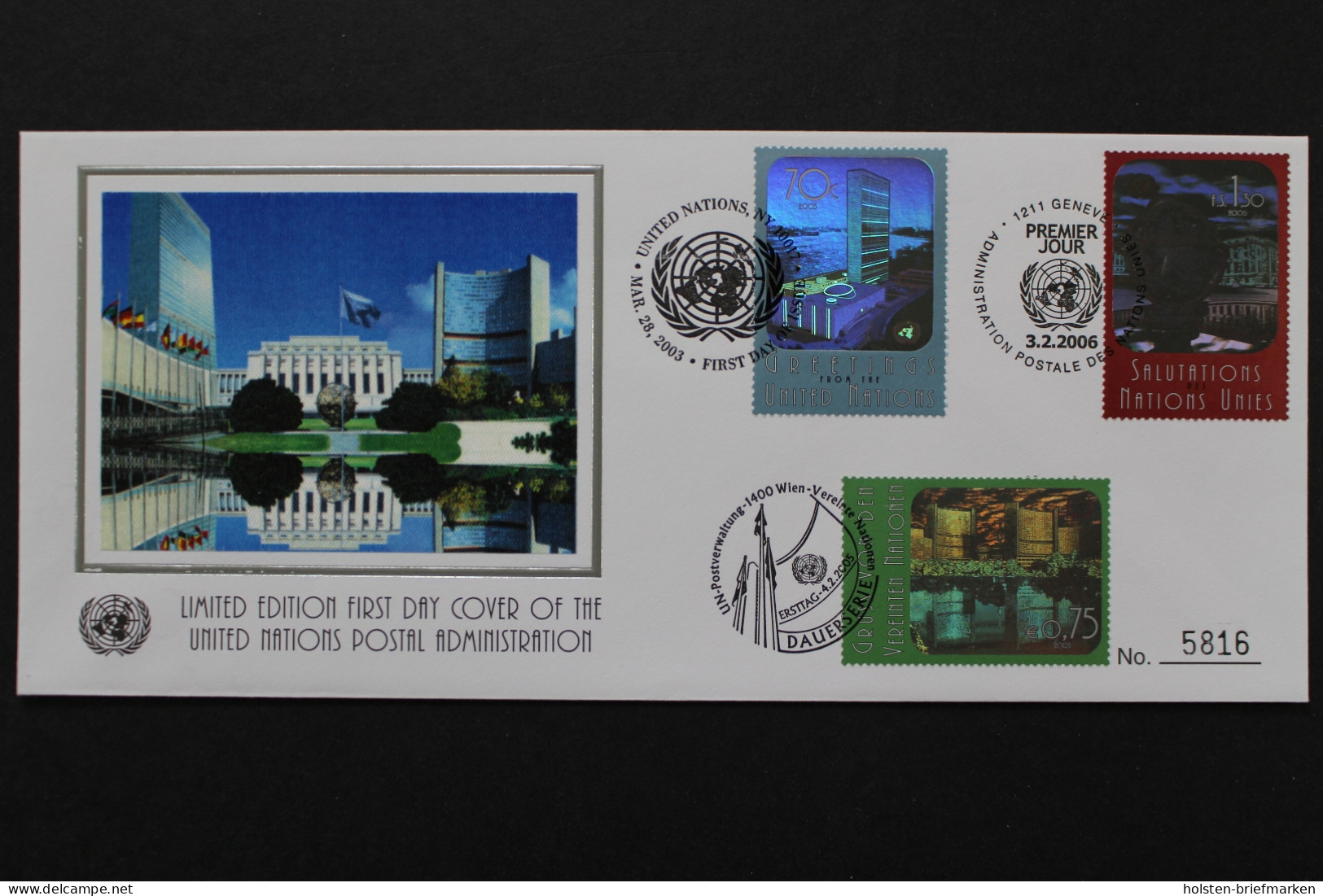 UNO, Triobrief, UNO Gebäude Hologramm - Gezamelijke Uitgaven New York/Genève/Wenen