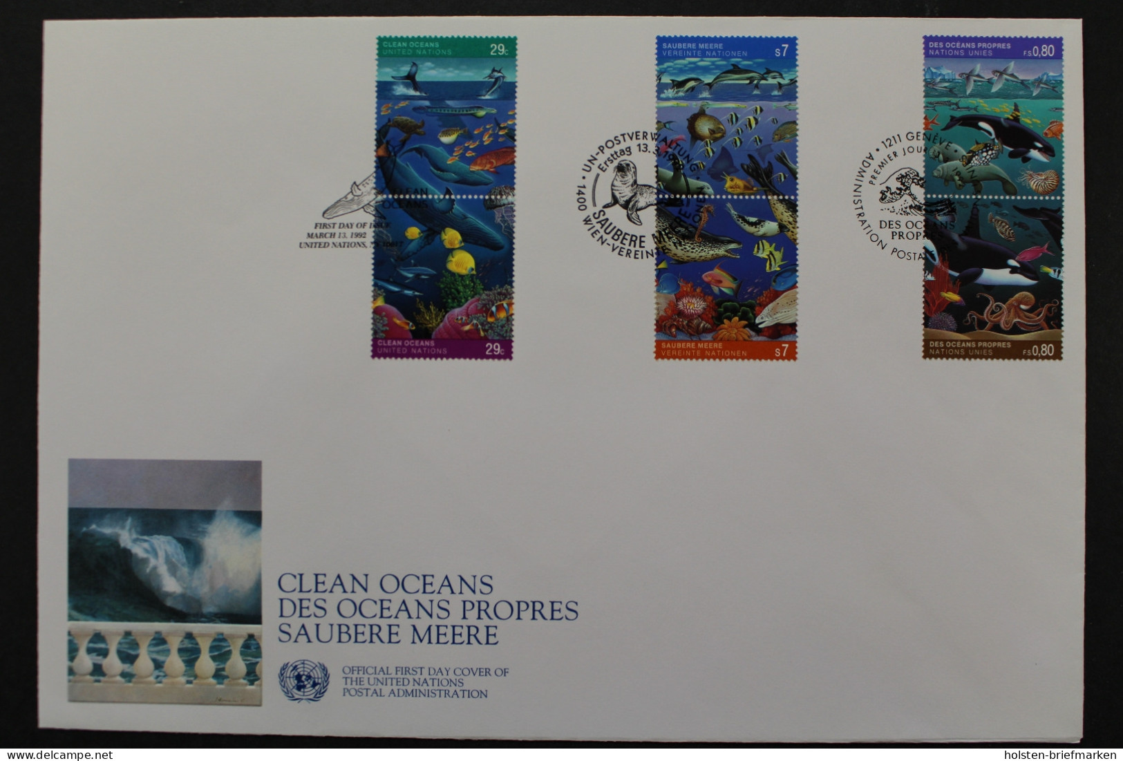 UNO Triobrief: Saubere Meere, 1992 - Gemeinschaftsausgaben New York/Genf/Wien