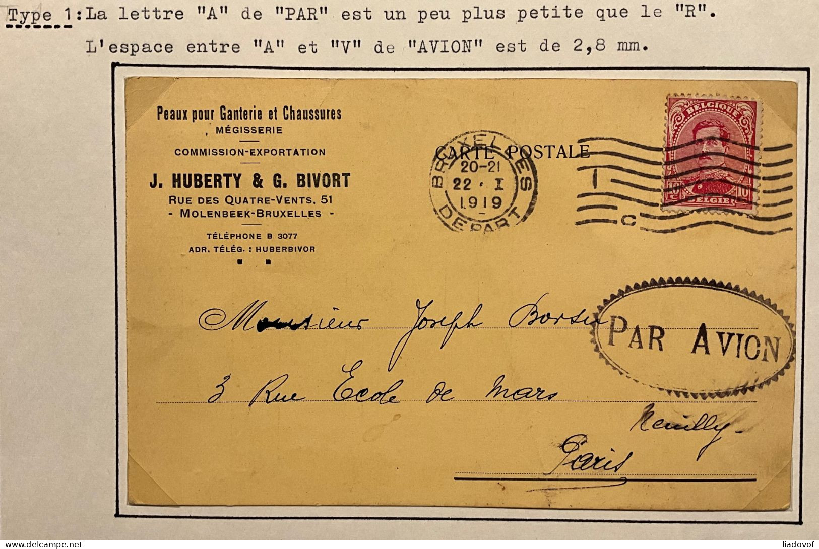 Service Postal Aérien PARIS – BRUXELLES Janvier 1919 - Griffe Festonnée PAR AVION En 2 Types - 1915-1920 Albert I.