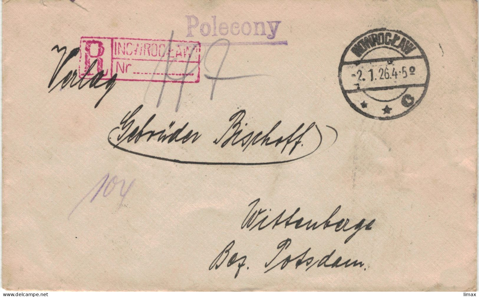 Reko Polecony Inowrocław Hohensalza 1926 > Gebrüder Bischoff Wittenberge - Dreierstreifen - Lettres & Documents