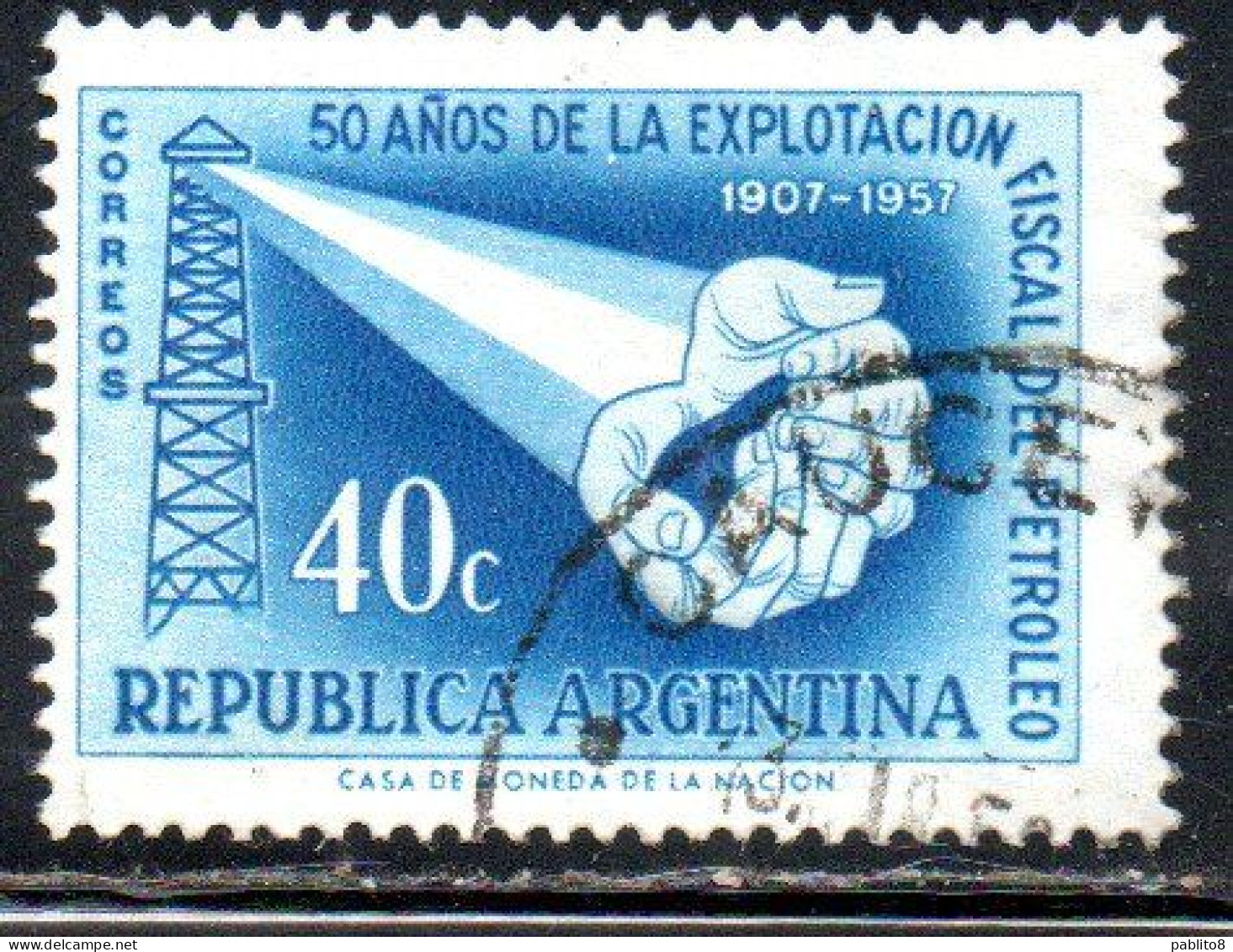 ARGENTINA 1957 NATIONAL OIL INDUSTRY DERRICK AND HANDS HOLDING 40c USED USADO OBLITERE' - Used Stamps