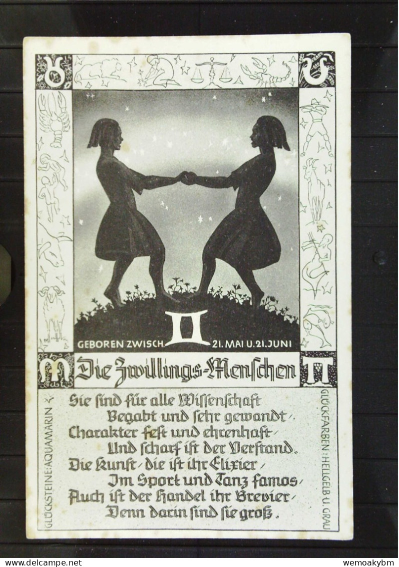 DR: Ansichtskarte - Scherenschnitt - "Die Zwillings-Menschen" Horoskop-Karte 21. Mai - 21. Juni - Silhouettes