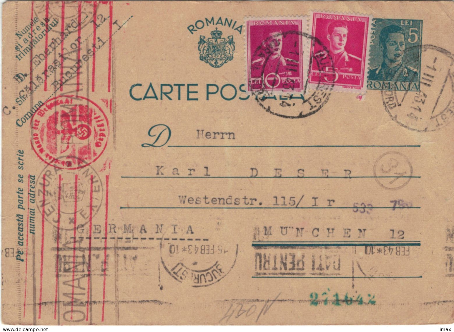 Ganzsache Bukarest 1.III.1943 > Karl Deser München - Zensur OKW Briefträgerstempel (31) - Storia Postale