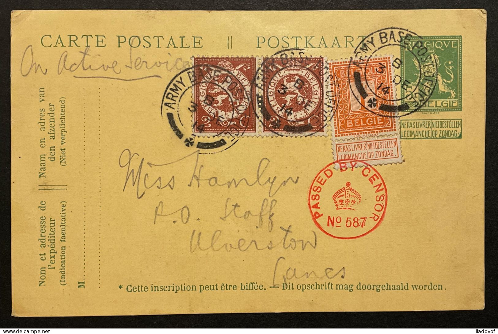 Carte Postale Type Pellens 5c Affr. OBP 108+109 (x2) Obl. ARMY BASE POST OFFICE - 1912 Pellens