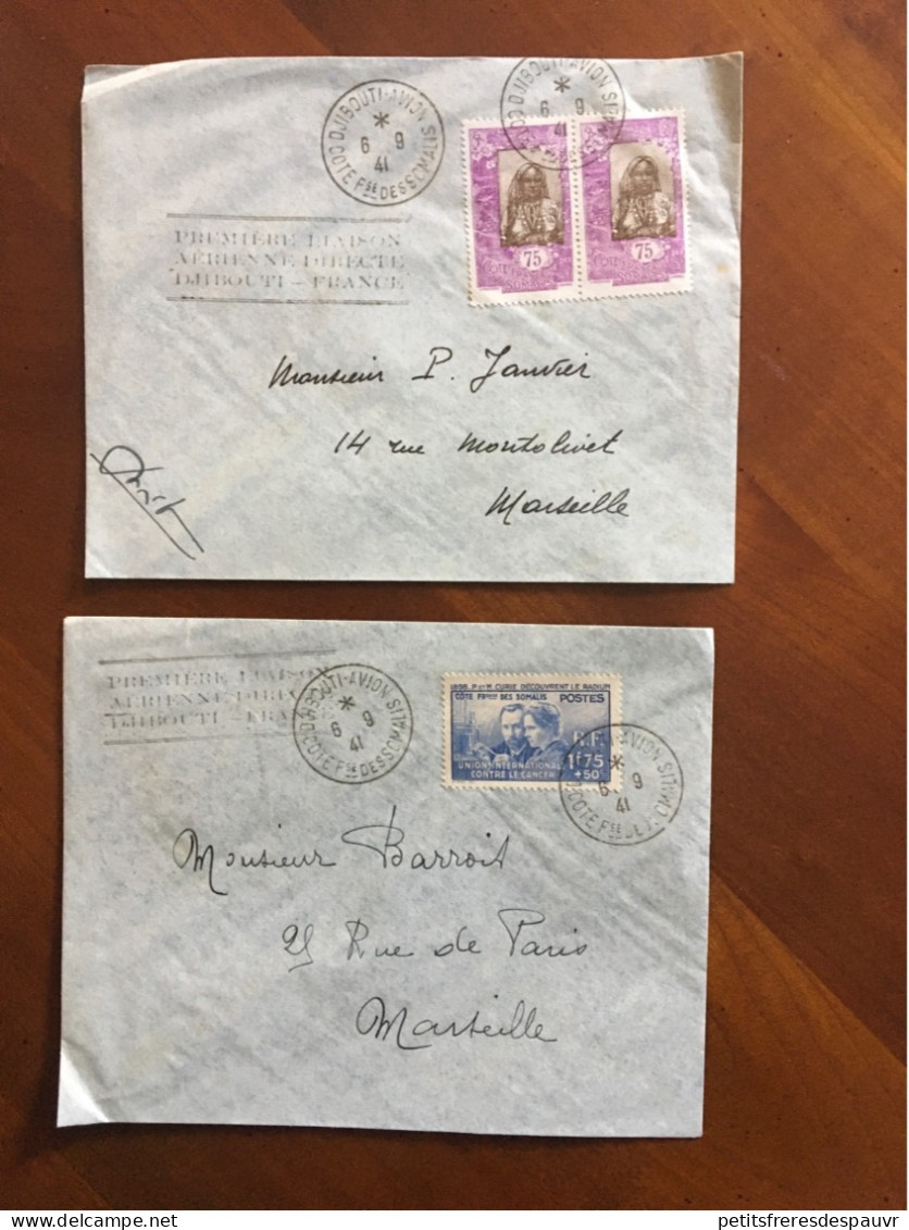 COTES DES SOMALIS - 2 Lettres De 1941 - YT147 Et YT131x2 - Première Liaison Djibouti Marseille - Cartas & Documentos