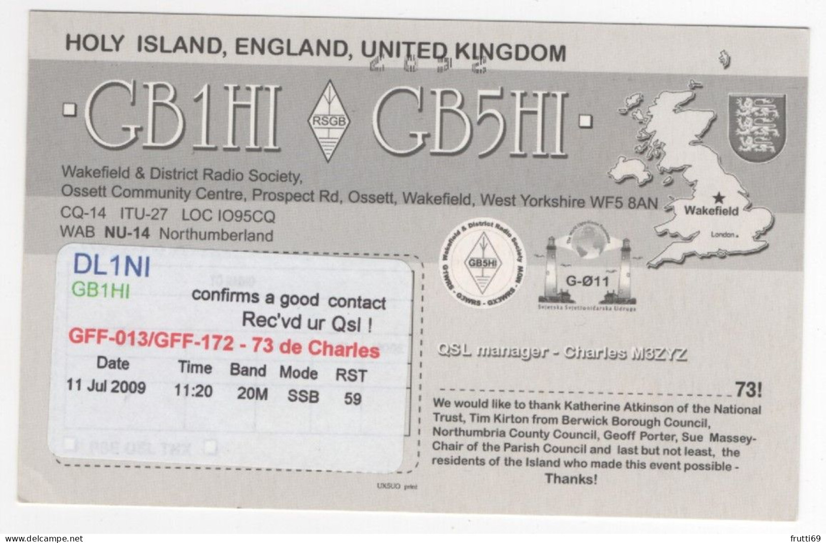 AK 211418 QSL - England - Wakefield - Holy Island - Radio